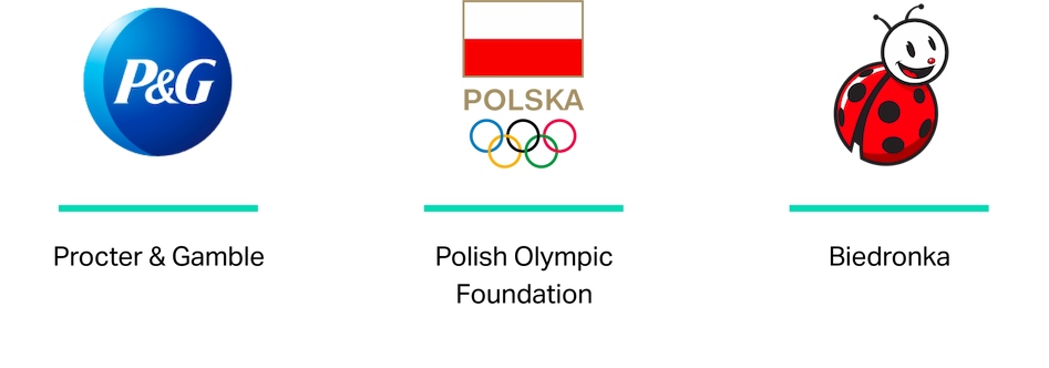 The image contains three logos side by side. On the left is the Procter & Gamble logo, a blue sphere with white lowercase letters ‘P&G’. In the center is the Polish Olympic Foundation logo, featuring a red rectangle on top of a white rectangle, with ‘POLSKA’ written in uppercase letters above the Olympic rings. On the right is the Biedronka logo, depicting a stylized red ladybug with black spots and a smiling face.