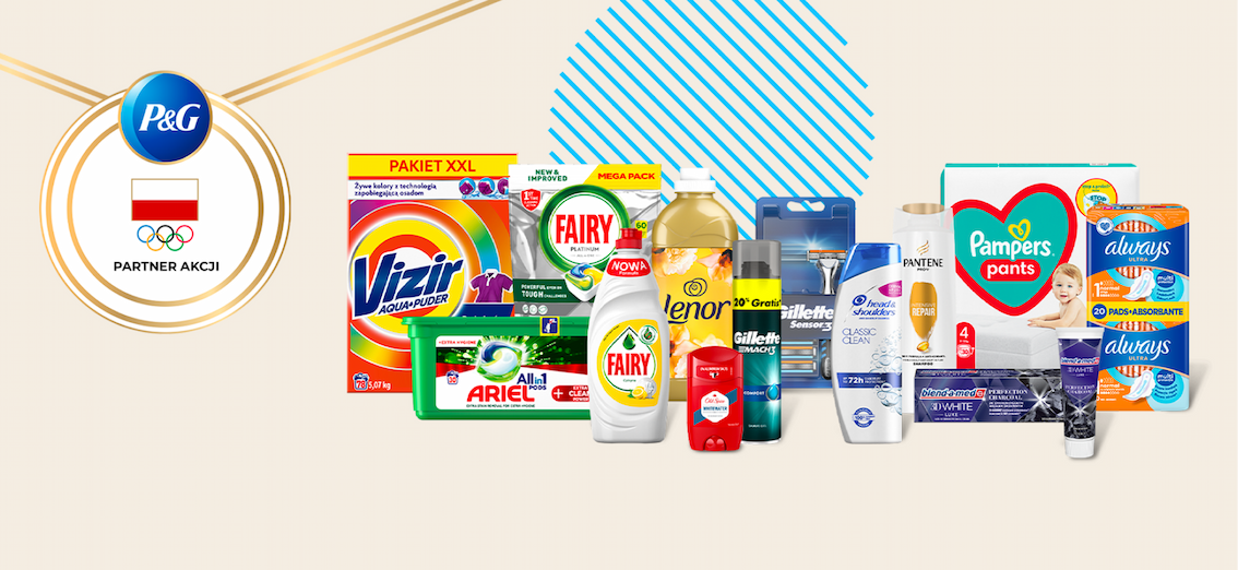 Promotional graphic for Procter & Gamble featuring a variety of household products. The image includes the P&G logo with the Polish flag above the Olympic rings and the text “PARTNER AKCJI” on the left side. A collection of branded items is displayed in the center and right, including Vizir laundry detergent, Fairy dish soap, Lenor fabric softener, Old Spice deodorant, blend-a-med toothpaste, among others. The background has a cream color with abstract blue shapes on the top, behind the products.