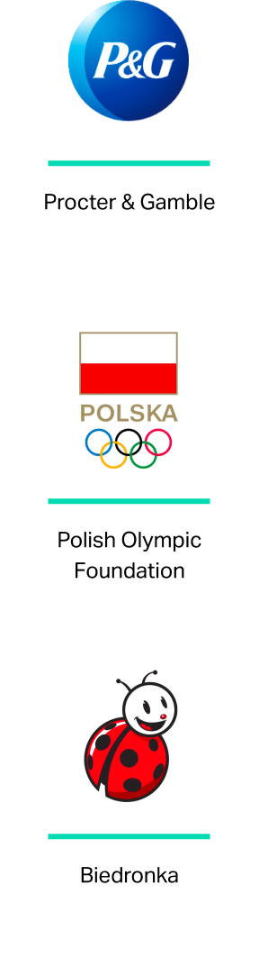 The image contains three logos arranged vertically. At the top is the Procter & Gamble logo, a blue sphere with white lowercase letters ‘P&G’. In the middle is the Polish Olympic Foundation logo, featuring a red rectangle on top of a white rectangle, with ‘POLSKA’ written in uppercase letters above the Olympic rings. At the bottom is the Biedronka logo, depicting a stylized red ladybug with black spots and a smiling face.