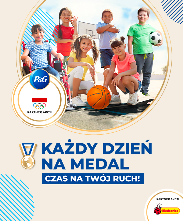 A promotional graphic showing children posing for the camera with a football and a basketball. The children are diverse, and one of them is a girl on a wheelchair. The children are inside a circular frame, surrounded by abstract blue shapes on a light background. Text in Polish promotes daily achievement and partnership between P&G, the Polish Olympic Foundation, and Biedronka.