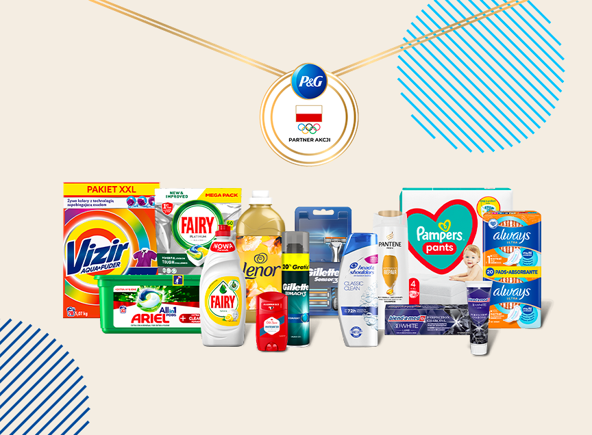 Promotional graphic for Procter & Gamble featuring a variety of household products. The image includes the P&G logo with the Polish flag above the Olympic rings and the text “PARTNER AKCJI” on the center top of the image. A collection of branded items is displayed in the center, including Vizir laundry detergent, Fairy dish soap, Lenor fabric softener, Old Spice deodorant, blend-a-med toothpaste, among others. The background has a cream color with abstract blue shapes on the top right and bottom left.