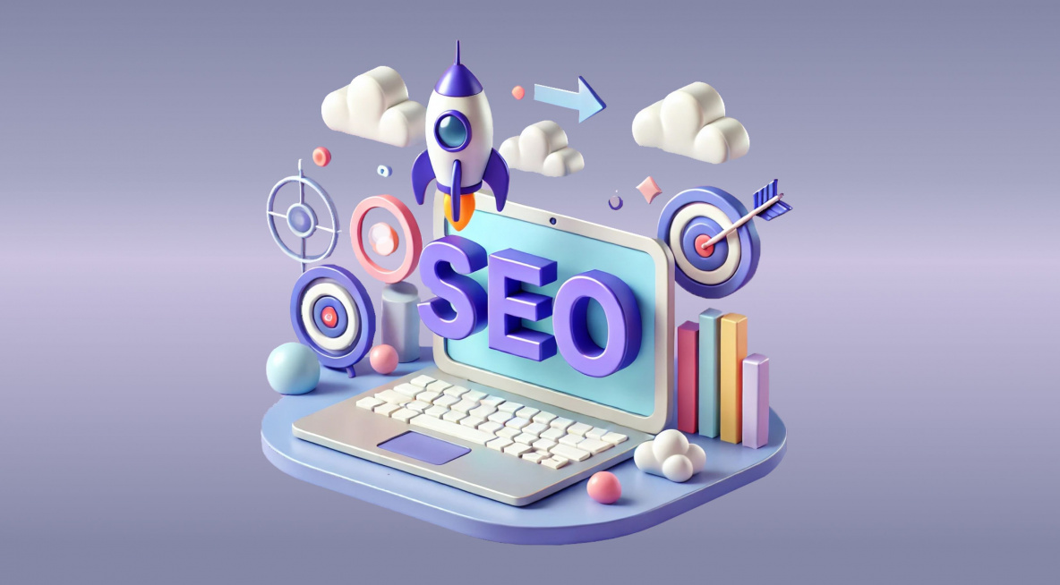 SEO written in a big font and shown as a bubbly graphic created with AI with a purple background. 